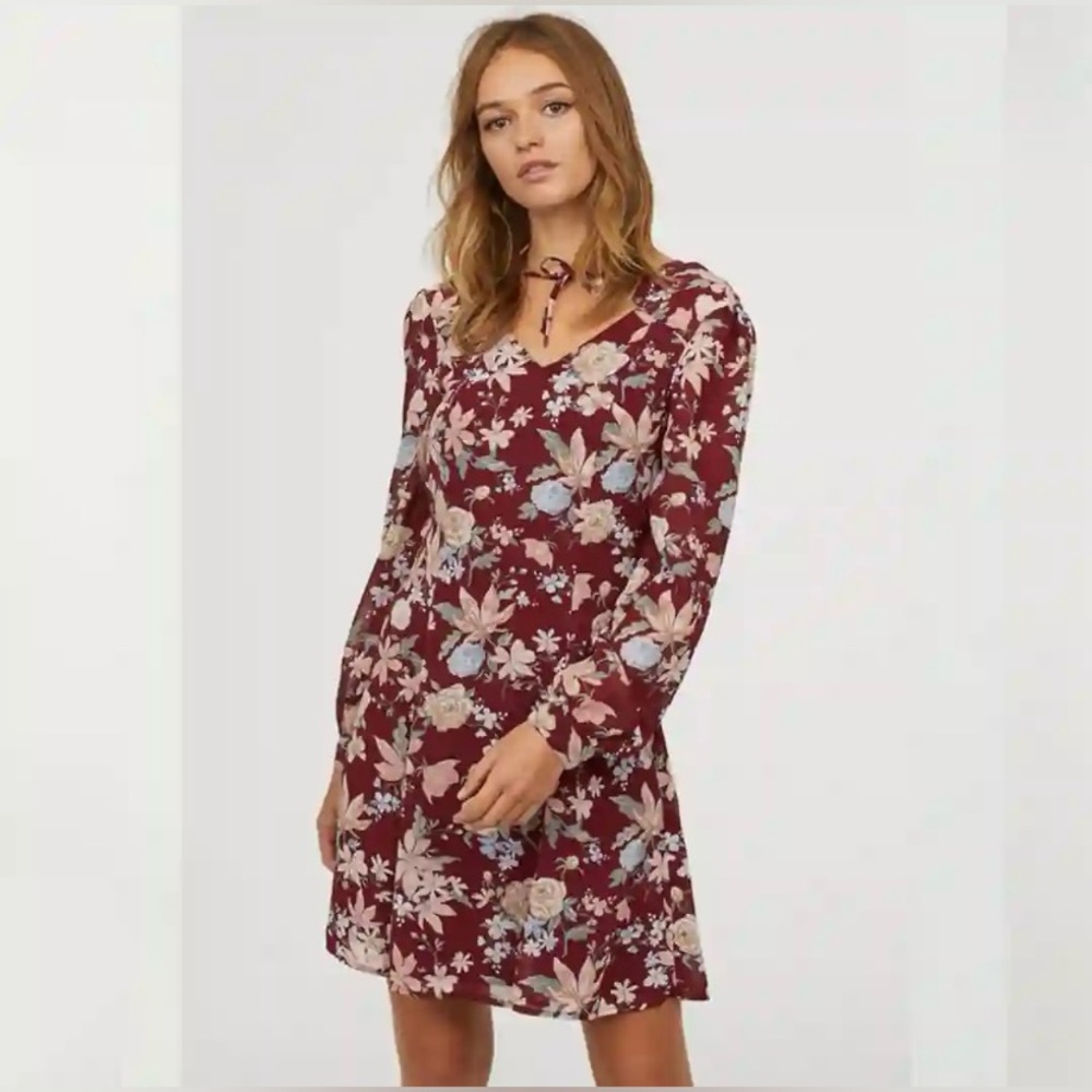 H&M Floral Chocker Neck Burgundy Plunge Back Long Sleeve Dress Size 4
